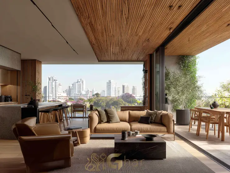 Sala de estar sofisticada em apartamento à venda de alto padrão em Santo Amaro