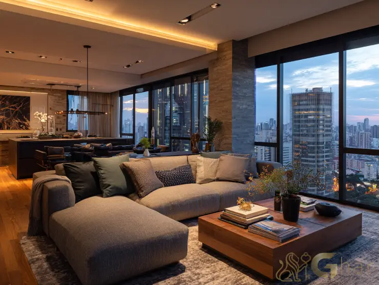 Sala de estar ampla e decorada em imóvel na capital paulista