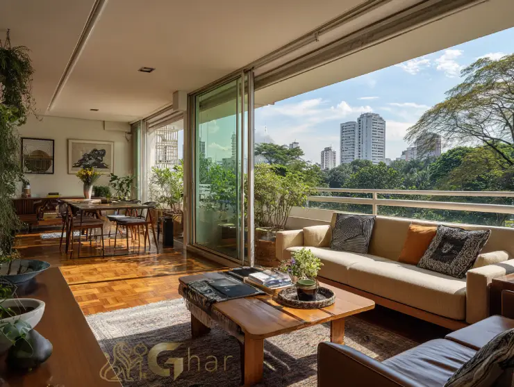 Sala de estar e jantar integrada com varanda em imóvel na zona norte de São Paulo