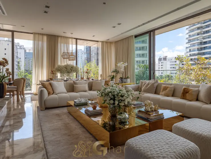 Sala de estar de altíssimo padrão em apartamentos à venda na Vila Madalena