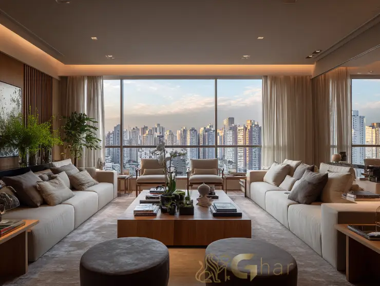 Sala de estar com vista para a cidade em apartamento à venda na Vila Mariana
