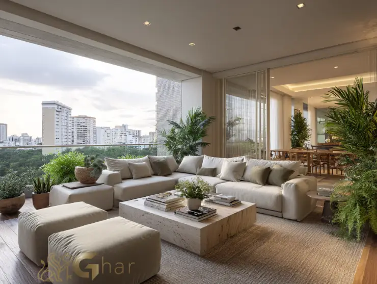 Sala integrada à varanda em imóvel na zona sul da capital paulista