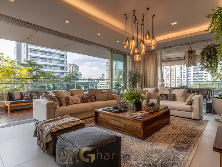 Sala de estar decorada em apartamento à venda na Vila Nova Conceição