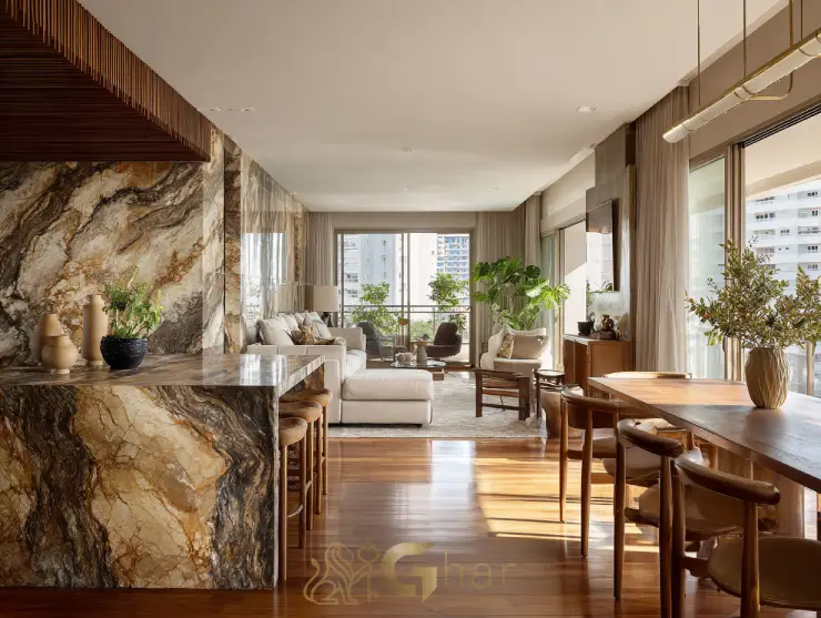 Sala de jantar e estar integradas em apartamento à venda na Vila Olímpia