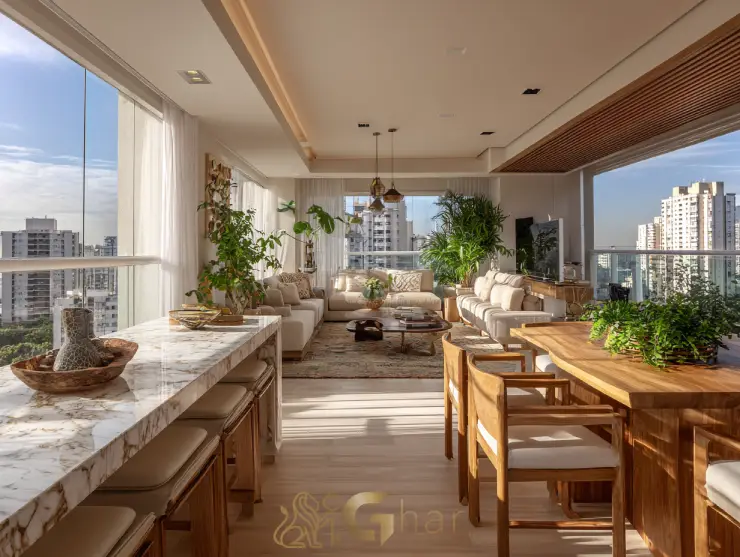 Sala de estar com varanda integrada em imóvel na zona sul da capital paulista