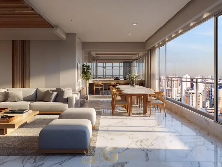 Sala de estar e jantar com varanda em apartamento à venda na Vila Prudente