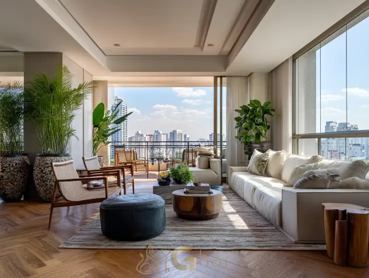 Sala de estar decorada em apartamento à venda na Zona Leste de São Paulo