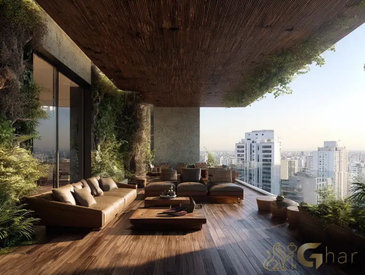 Varanda sustentável e vista arborizada em edifício na capital paulistana