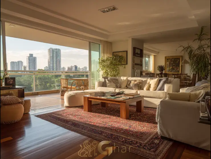 Sala de estar decorada em apartamento à venda na Zona Norte de São Paulo