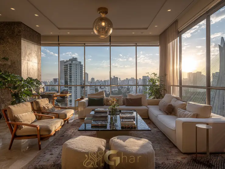 Sala de estar decorada em apartamento à venda na Zona Sul de São Paulo