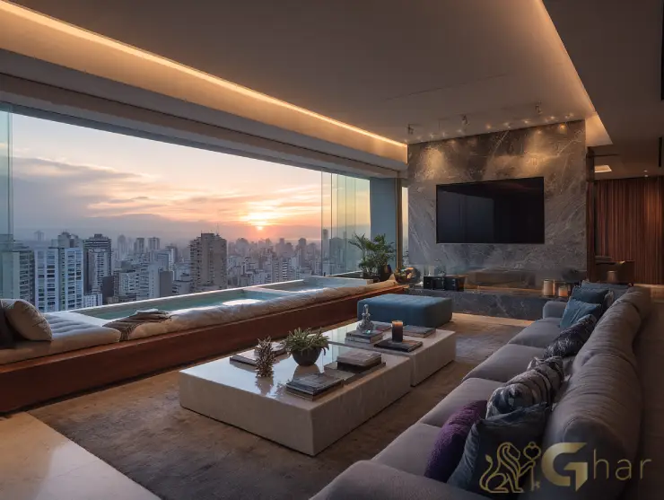 Sala de estar ampla e decorada em apartamento no Alto do Ipiranga