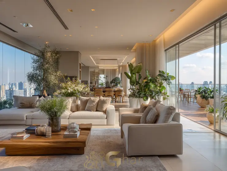 Sala de estar com varanda decorada em apartamento em Cerqueira César