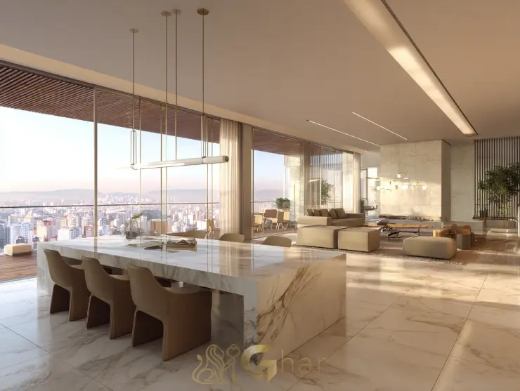 Sala de jantar e estar ampla em apartamento de alto padrão em Cerqueira César