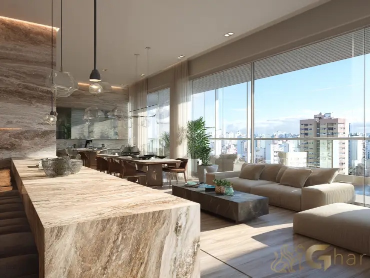 Cozinha aberta integrada à sala de jantar e estar em apartamento na Freguesia do Ó