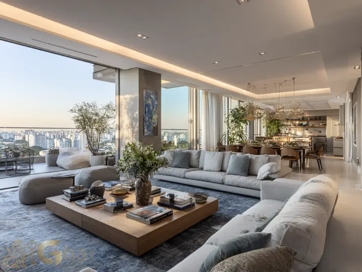 Sala de estar e jantar com varanda em apartamento de alto padrão na Freguesia do Ó