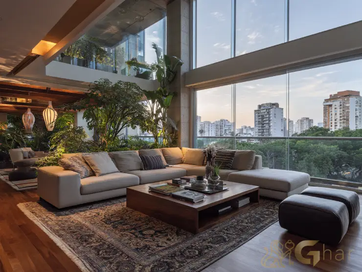 Sala de estar decorada em apartamento duplex de luxo no Ibirapuera