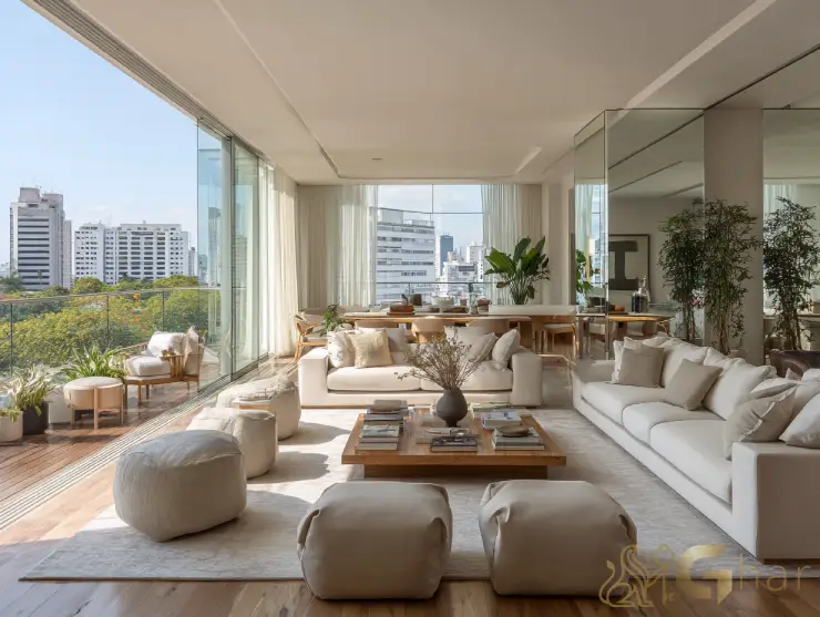 Sala de estar com varanda decorada em apartamento no Ibirapuera