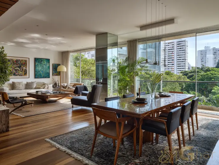 Sala de estar e jantar integradas em imóvel de alto padrão na capital de São Paulo