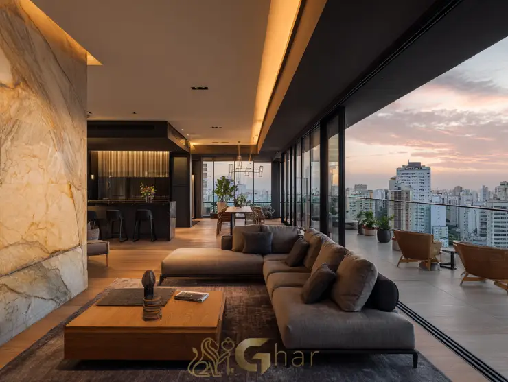 Apartamento de alto padrão no Jardim Guedala com sala ampla e varanda com vista panorâmica