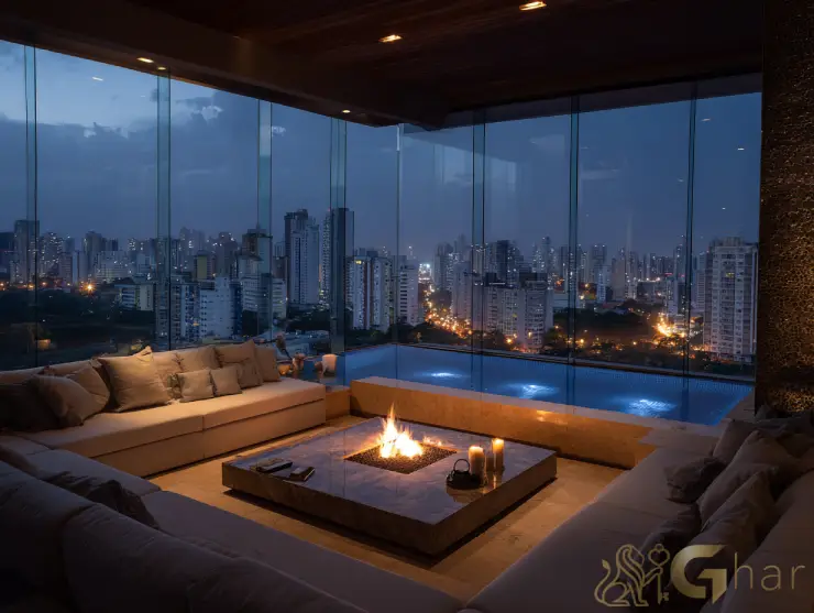 Sala de estar com lareira em imóvel na zona sul da capital