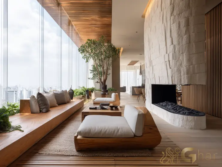 Sala de estar moderna e sustentável em imóvel na zona sul da capital paulista