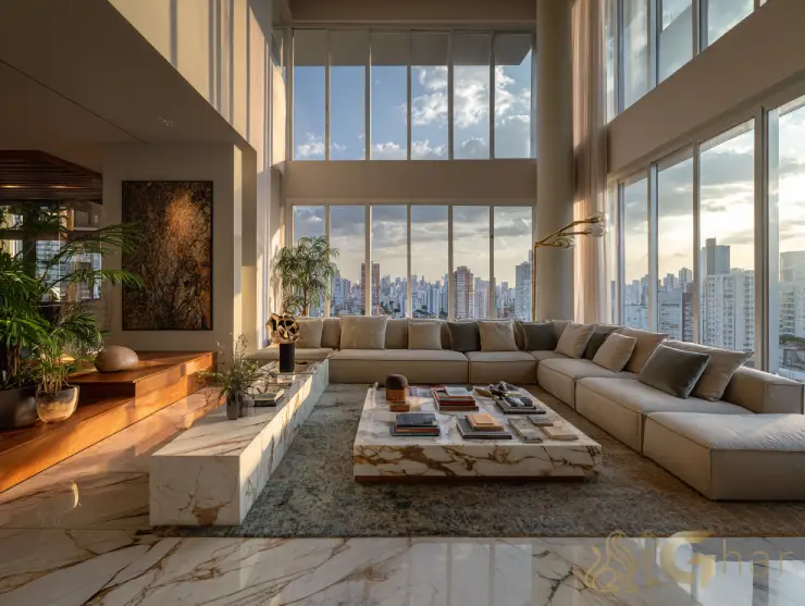 Cobertura com sala ampla e pé-direito duplo na Nova Klabin