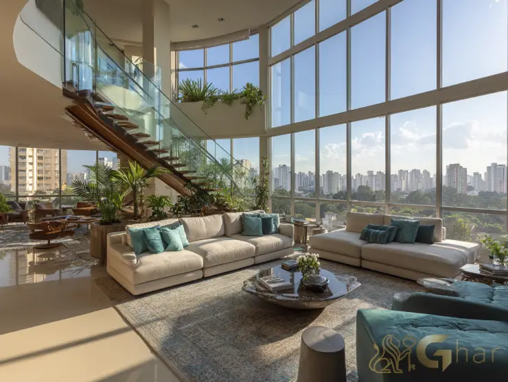 Sala de estar ampla e decorada em duplex na zona sul da capital