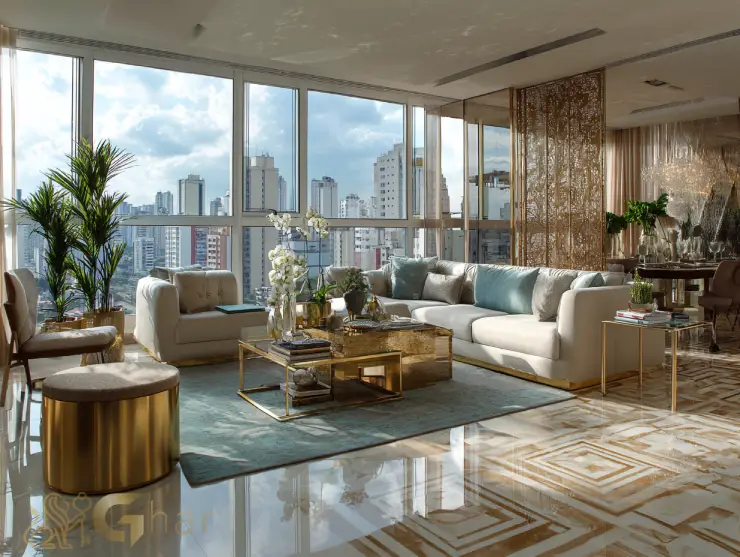 Sala de estar em apartamento de altíssimo padrão na Nova Klabin