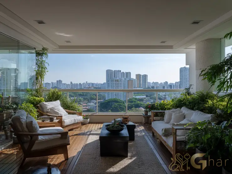 Varanda integrada à sala de estar ampla e elegante na zona norte da capital