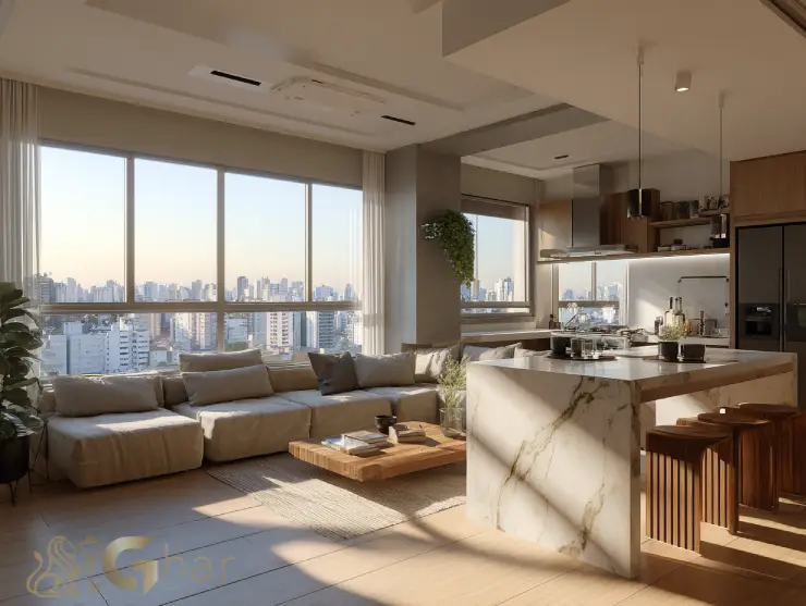 Cozinha aberta e sala integrada decorada na zona norte da capital paulista