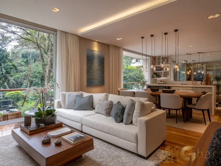 Sala de estar e jantar decoradas em apartamento em Santana