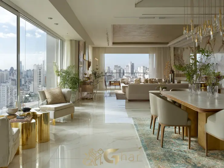 Sala de jantar e estar em apartamento de alto padrão na zona sul de São Paulo