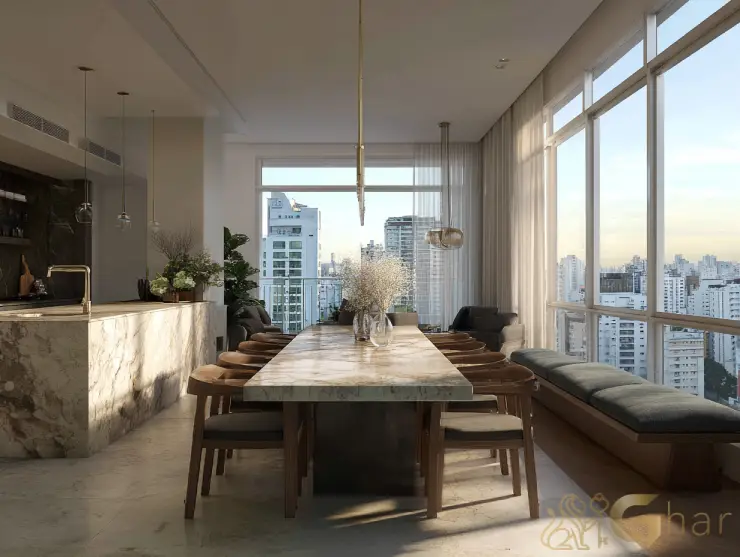 Cozinha aberta integrada à sala de jantar em apartamentos Vila Guilherme