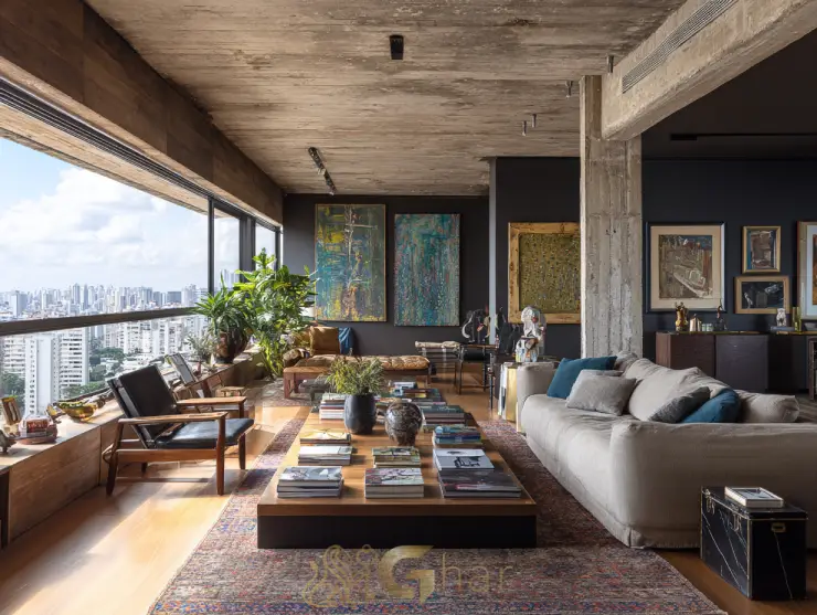 Sala de estar decorada com living integrado e varanda na zona norte da capital paulista