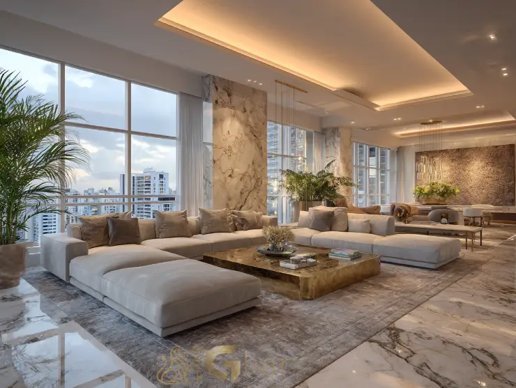 Sala de estar ampla e decorada em apartamento de alto padrão na Vila Olímpia