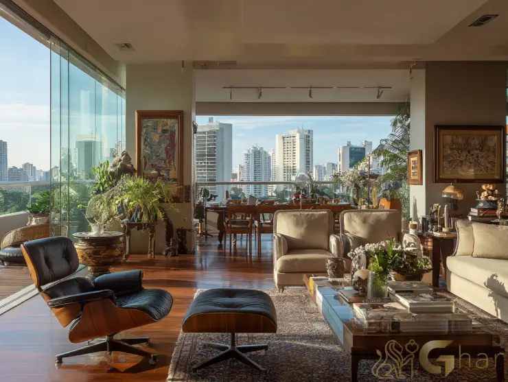 Sala de estar ampla e decorada em apartamento na Zona Norte de São Paulo