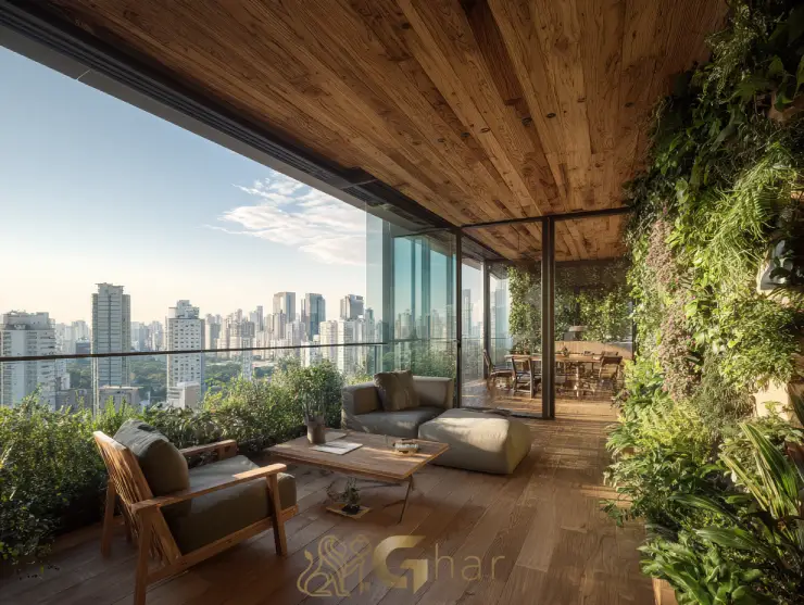 Varanda ampla e decoração moderna em imóvel na capital paulista