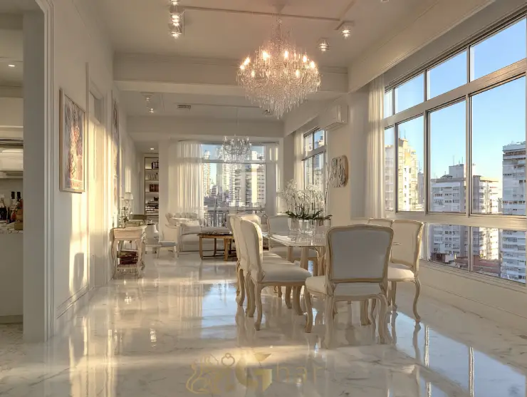 Sala de jantar e estar decorada em estilo clássico e moderno em apartamentos na Zona Sul de São Paulo