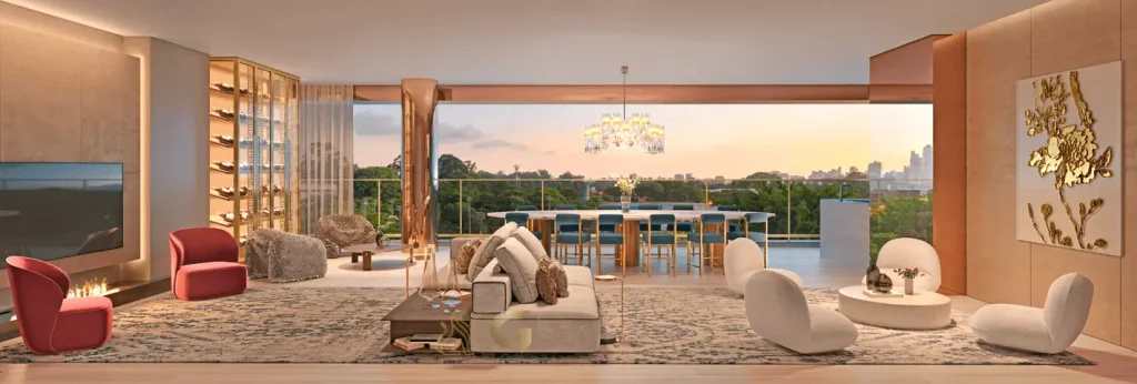 Living da penthouse no 54º pavimento do Vista Cyrela Furnished by ArmaniCasa – Torre Milano, com visual panorâmico e decoração assinada em estilo italiano.