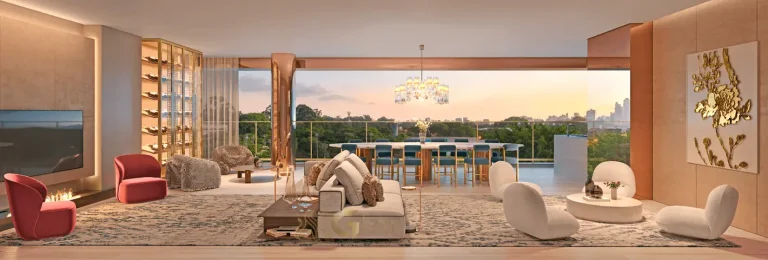 Living da penthouse no 54º pavimento do Vista Cyrela Furnished by ArmaniCasa – Torre Milano, com visual panorâmico e decoração assinada em estilo italiano.