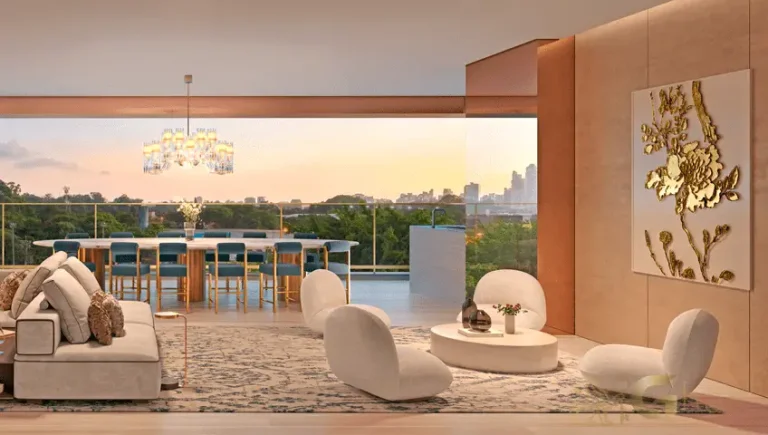 Living da penthouse no 54º pavimento do Vista Cyrela Furnished by ArmaniCasa – Torre Milano, com visual panorâmico e decoração assinada em estilo italiano.