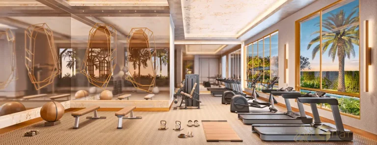 Living da penthouse no 54º pavimento do Vista Cyrela Furnished by ArmaniCasa – Torre Milano, com visual panorâmico e decoração assinada em estilo italiano.