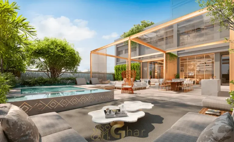 Living da penthouse no 54º pavimento do Vista Cyrela Furnished by ArmaniCasa – Torre Milano, com visual panorâmico e decoração assinada em estilo italiano.