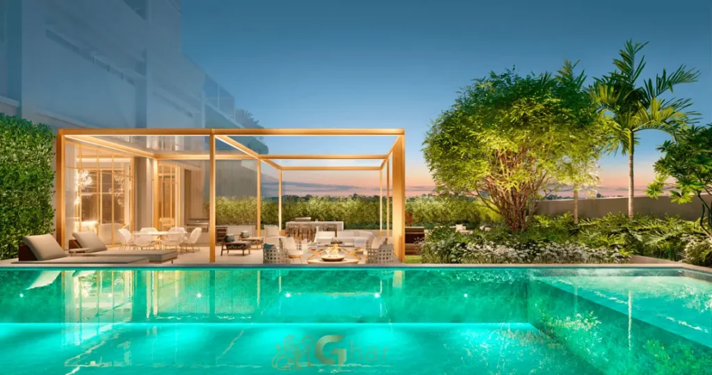 Living da penthouse no 54º pavimento do Vista Cyrela Furnished by ArmaniCasa – Torre Milano, com visual panorâmico e decoração assinada em estilo italiano.