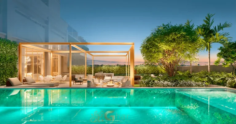 Living da penthouse no 54º pavimento do Vista Cyrela Furnished by ArmaniCasa – Torre Milano, com visual panorâmico e decoração assinada em estilo italiano.