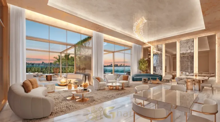 Living da penthouse no 54º pavimento do Vista Cyrela Furnished by ArmaniCasa – Torre Milano, com visual panorâmico e decoração assinada em estilo italiano.