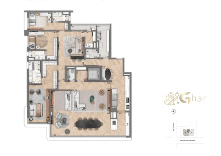 Living da penthouse no 54º pavimento do Vista Cyrela Furnished by ArmaniCasa – Torre Milano, com visual panorâmico e decoração assinada em estilo italiano.