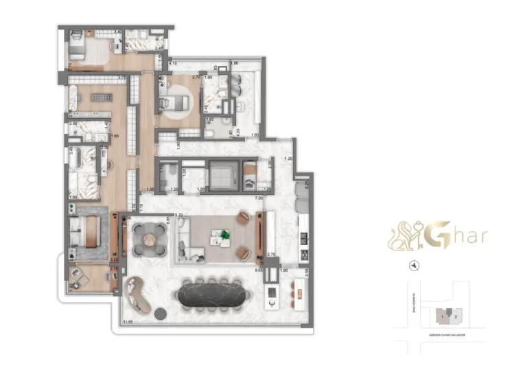 Living da penthouse no 54º pavimento do Vista Cyrela Furnished by ArmaniCasa – Torre Milano, com visual panorâmico e decoração assinada em estilo italiano.