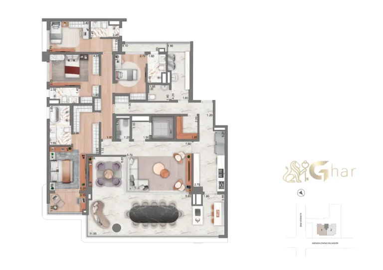 Living da penthouse no 54º pavimento do Vista Cyrela Furnished by ArmaniCasa – Torre Milano, com visual panorâmico e decoração assinada em estilo italiano.