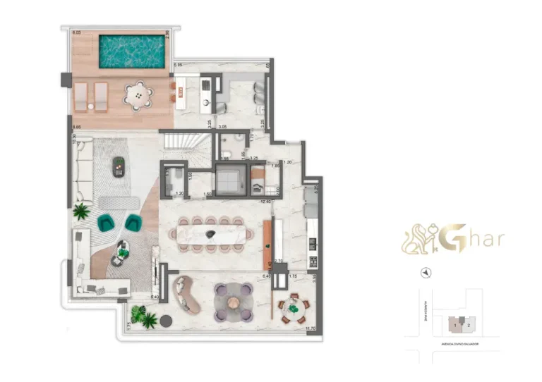 Living da penthouse no 54º pavimento do Vista Cyrela Furnished by ArmaniCasa – Torre Milano, com visual panorâmico e decoração assinada em estilo italiano.